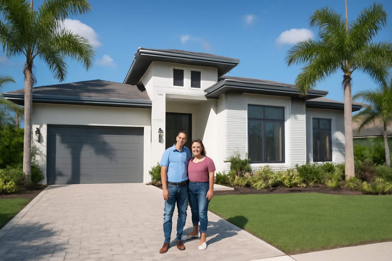 The dream realized — couple standing proudly in front of their new home, built on land purchased with owner financing