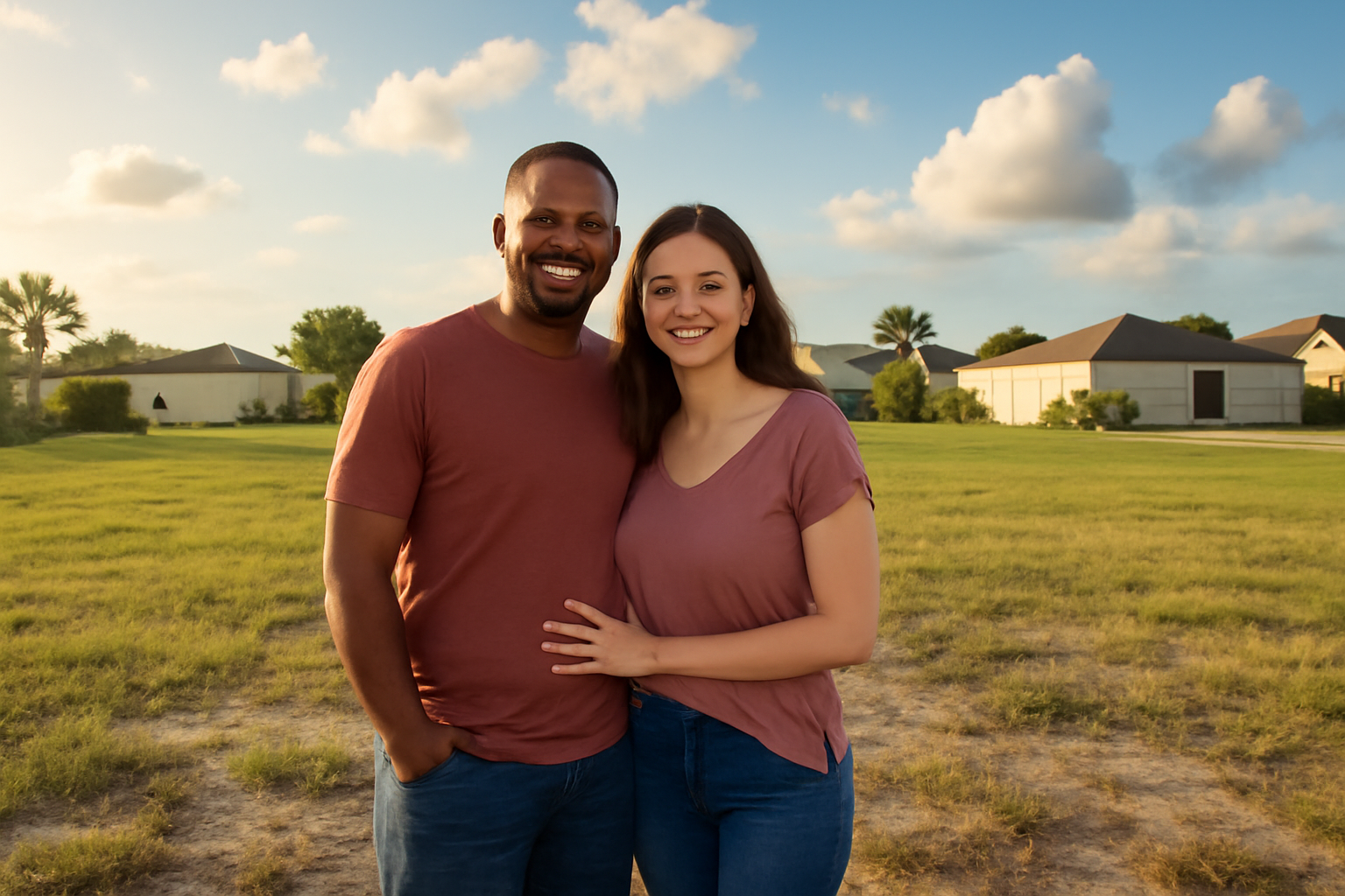 Happy couple standing on their future home site — a vacant residential lot in Palm Bay, Florida
