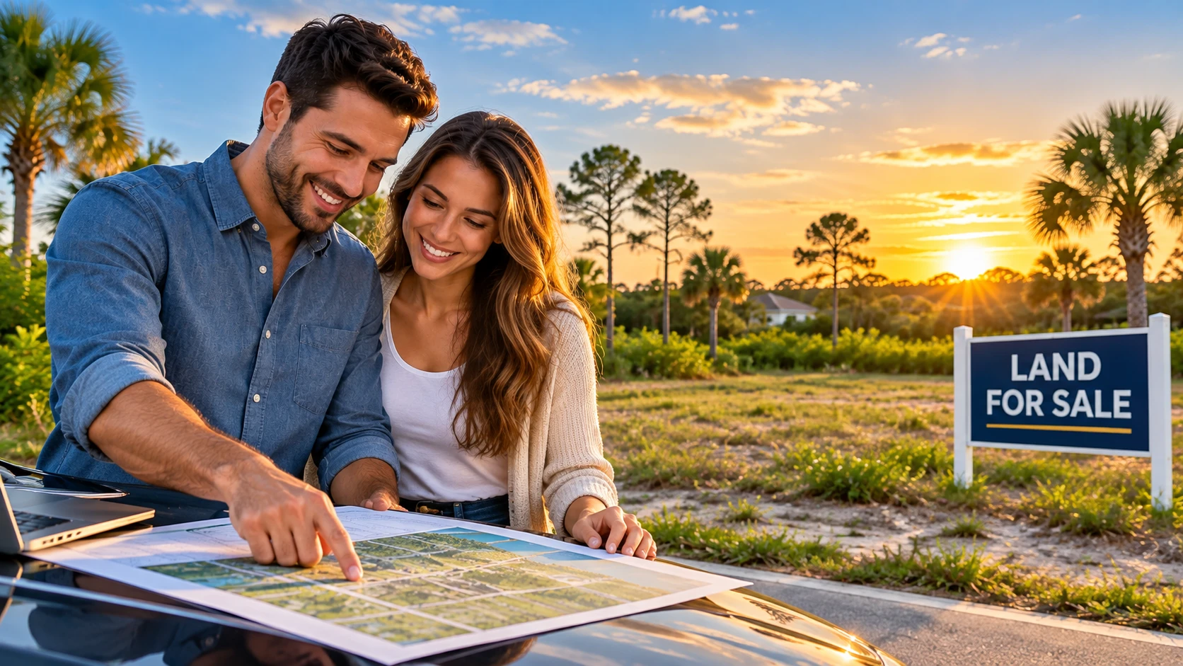 Happy couple reviewing land purchase documents with 'Land For Sale' sign in background