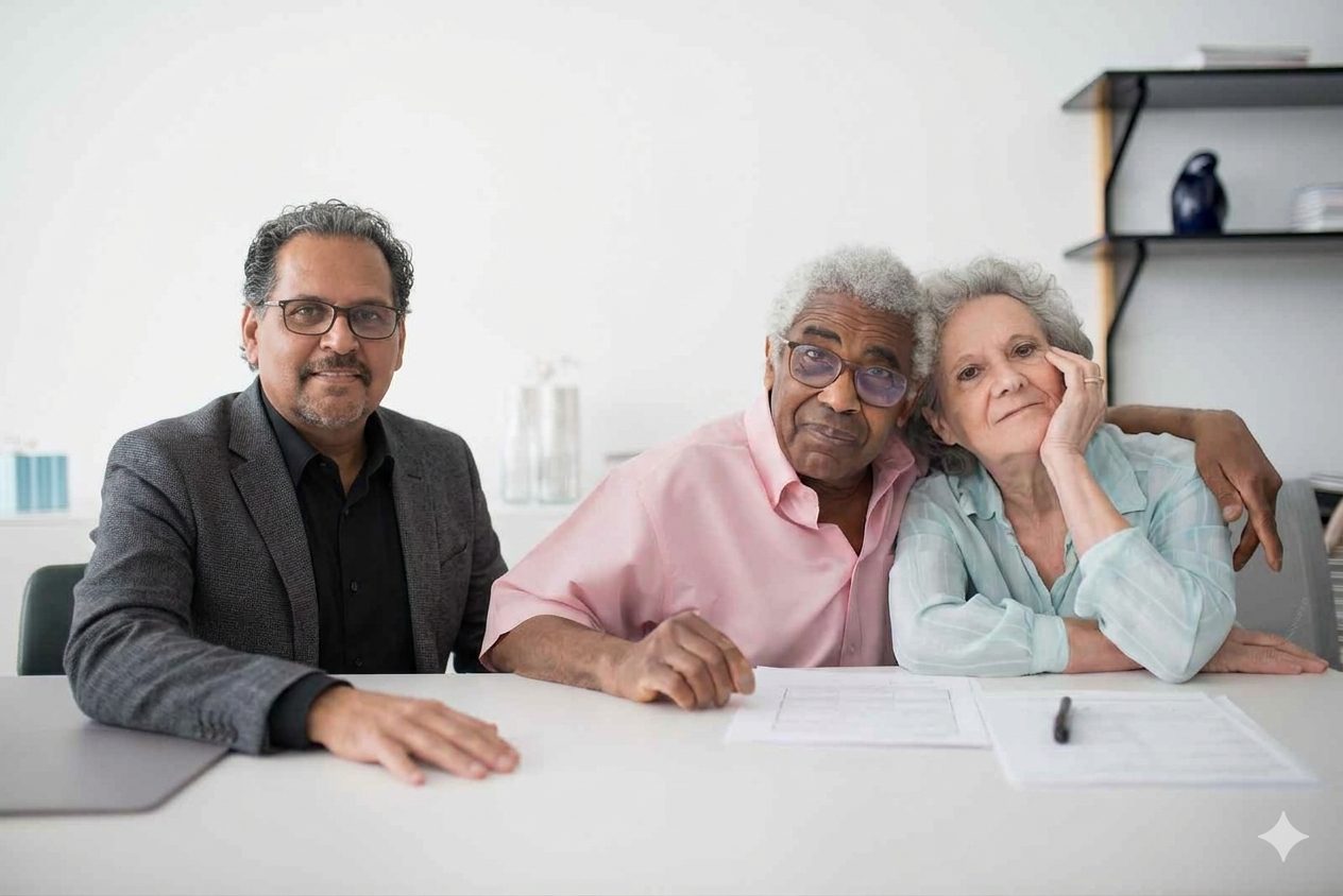 Real estate advisor meeting with an older couple to discuss selling their Palm Bay, FL land